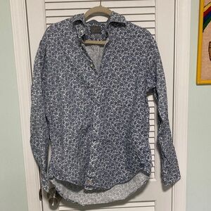Thomas Dean Blue and White Patterned Button Down Shirt